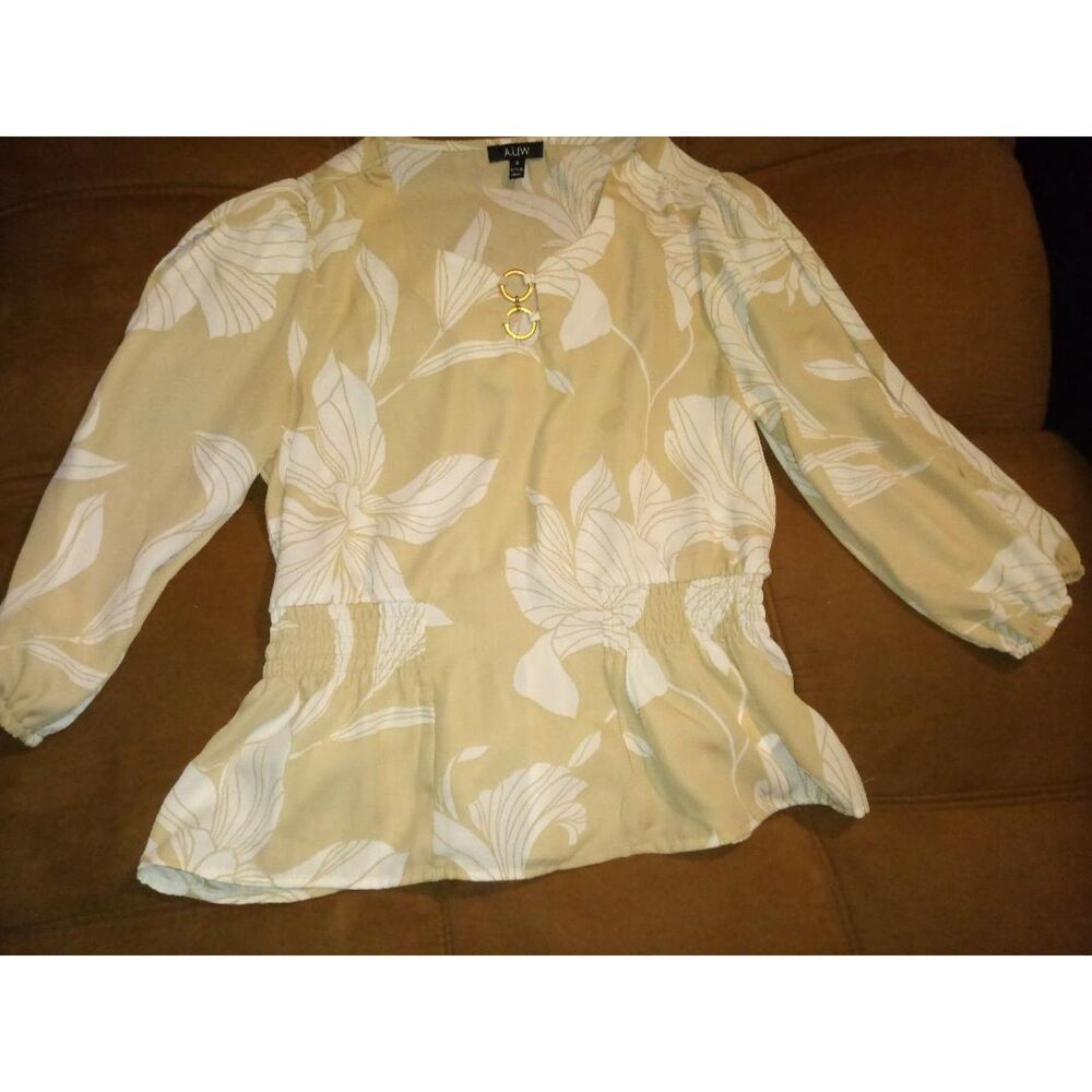 AUW Women's Creme & Gold Dress Blouse size S ...B3